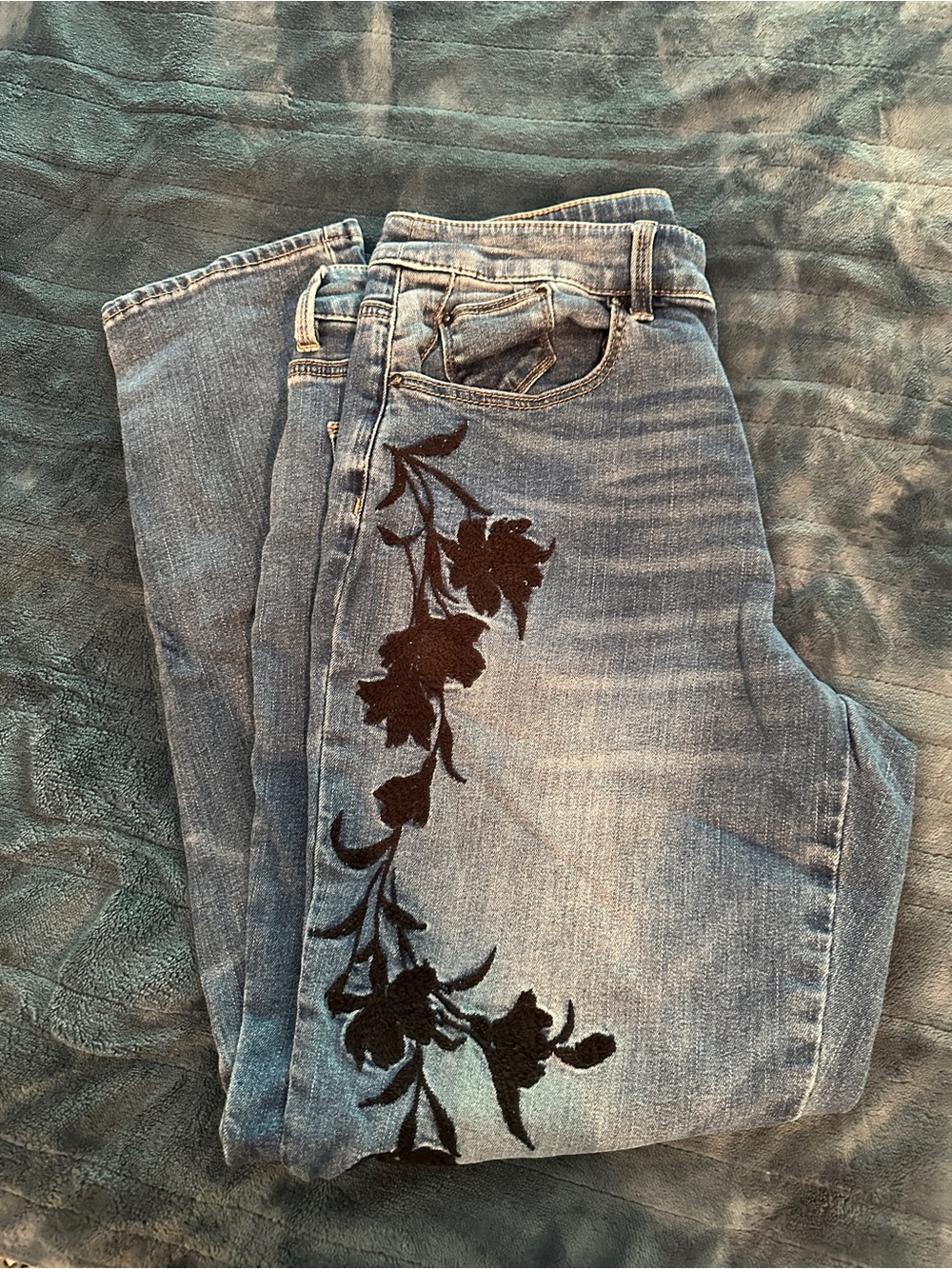 Chico's Blue Boyfriend Jeans with Black Floral Embroidery